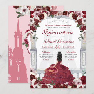 Burgundy Red Elegant Charro Princess Quinceanera Einladung