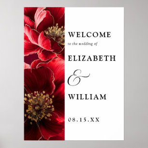 Burgundy Red Elegant Floral Wedding Welcome Sign Poster