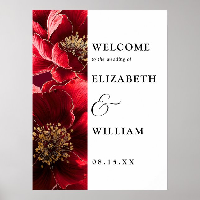 Burgundy Red Elegant Floral Wedding Welcome Sign Poster (Vorne)