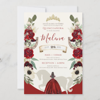 Burgundy Red Elegante Watercolor Charro Quinceaner Einladung