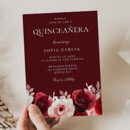 Burgundy Red Enchanchanted Rote Rose Quinceanera Einladung