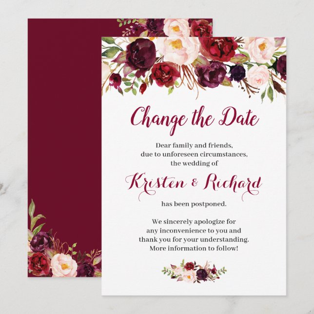 Burgundy Red Floral Ändern Sie die Datumskarte Einladung (Vorne/Hinten)