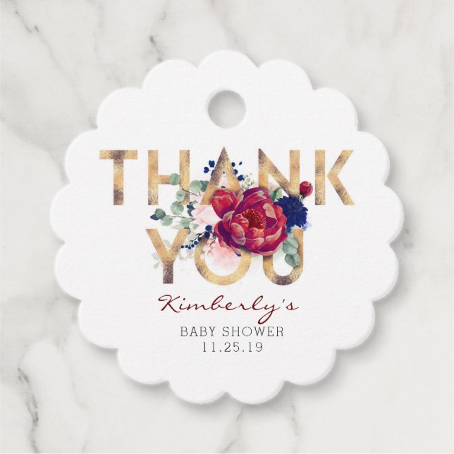 Burgundy Red Floral Baby Dusche Vielen Dank Geschenkanhänger (Vorderseite)