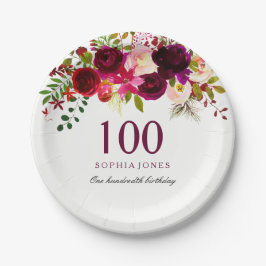 Burgundy Red Floral Boho 100. Geburtstagsparty Pappteller