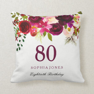Burgundy Red Floral Boho 80. Geburtstagsgeschenk Kissen