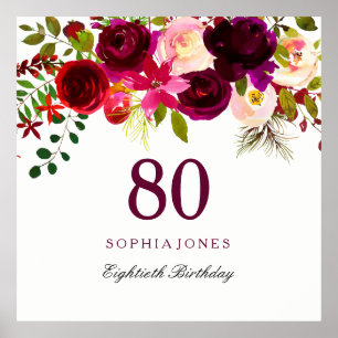 Burgundy Red Floral Boho 80. Geburtstagsparty Poster
