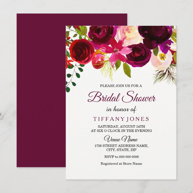 Burgundy Red Floral Boho Brautparty Einladung (Vorne/Hinten)