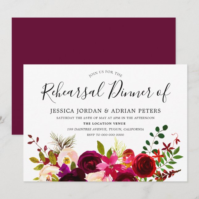 Burgundy Red Floral Boho Probe Dinner einladen Einladung (Vorne/Hinten)