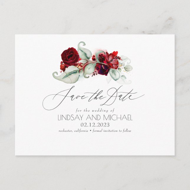 Burgundy Red Floral Boho Save the Date Postkarte (Vorderseite)