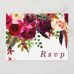 Burgundy Red Floral Boho Wedding RSVP Postkarte