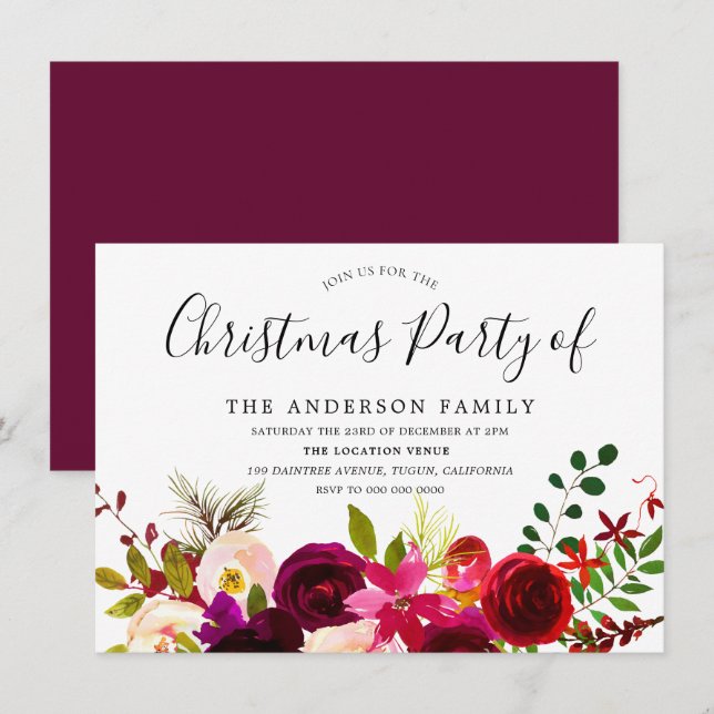 Burgundy Red Floral Boho Weihnachts-Party Einladung (Vorne/Hinten)