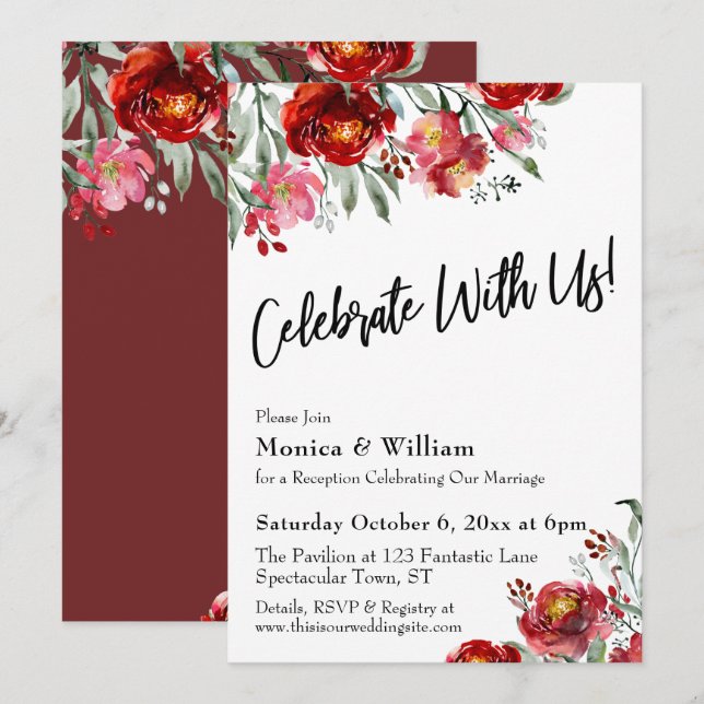 Burgundy Red Floral Celebrate mit US Typografie Einladung (Vorne/Hinten)