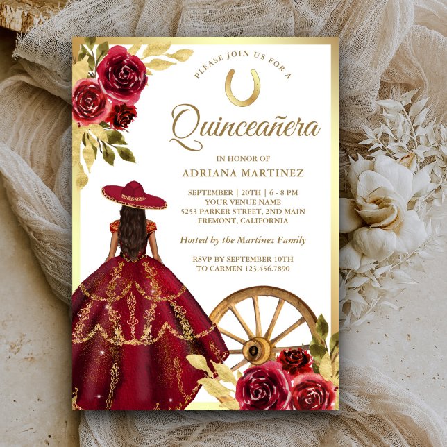 Burgundy Red Floral Dress Charro Gold Quinceanera Einladung (Von Creator hochgeladen)
