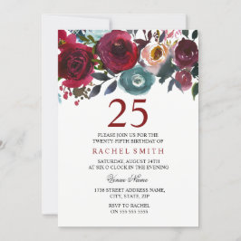 Burgundy Red Floral Elegant 25. Geburtstag Einladu Einladung