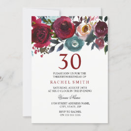 Burgundy Red Floral Elegant 30. Geburtstag Einladu Einladung
