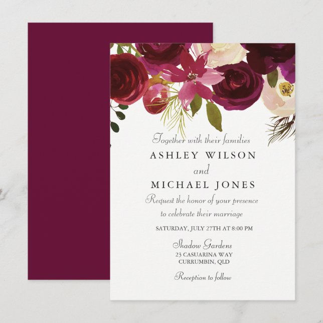 Burgundy Red Floral Elegante Hochzeit Einladung (Vorne/Hinten)