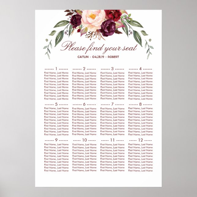 Burgundy Red Floral Elegantes Hochzeitsstift Poster (Vorne)
