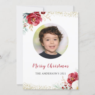 Burgundy Red Floral Family Picture Christmas Party Einladung