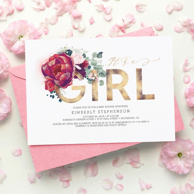 Burgundy Red Floral Gold Glitzer Baby Shower Einladung (Von Creator hochgeladen)