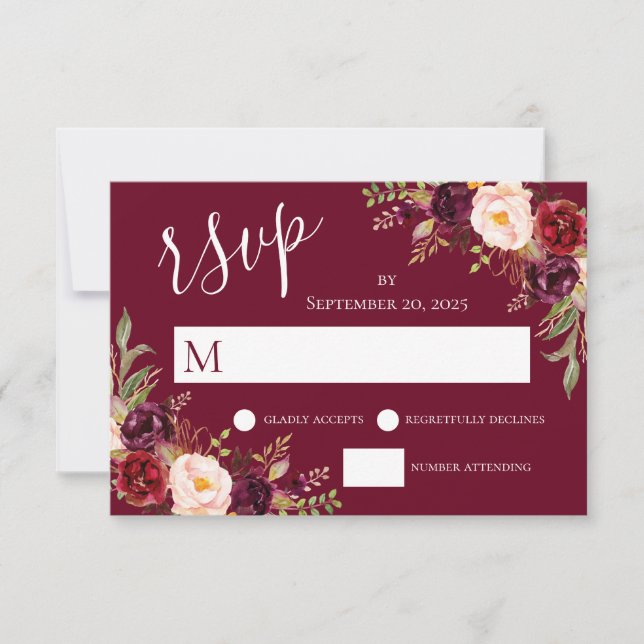 Burgundy Red Floral Hand Letter Wedding RSVP Einladung (Vorderseite)