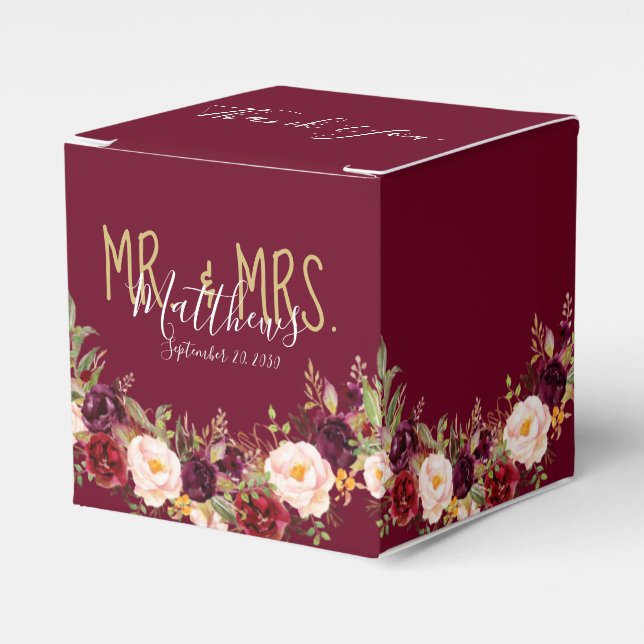 Burgundy Red Floral Hand Lettisch Rustikale Hochze Geschenkschachtel (Vorderseite)