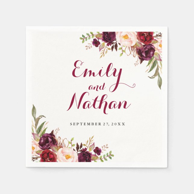 Burgundy Red Floral Hochzeit im Herbst Napkin Serviette (Vorderseite)