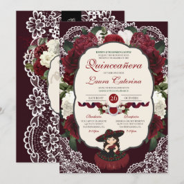 Burgundy Red Floral Lace Charro Quinceanera Einladung