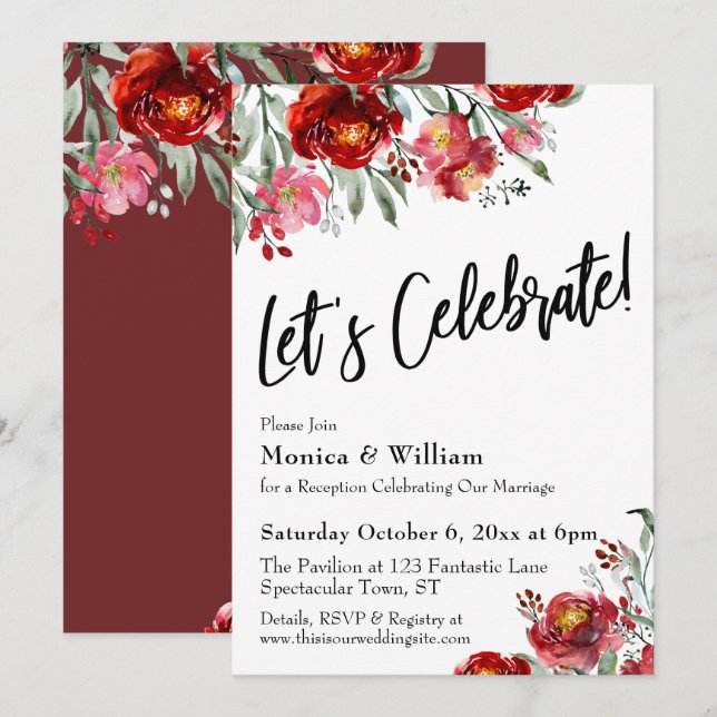 Burgundy Red Floral Let's Celebrate Typografie Einladung (Vorne/Hinten)