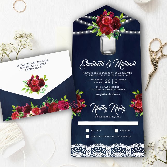 Burgundy Red Floral Mason Jar Navy Blue Wedding All In One Einladung (Von Creator hochgeladen)