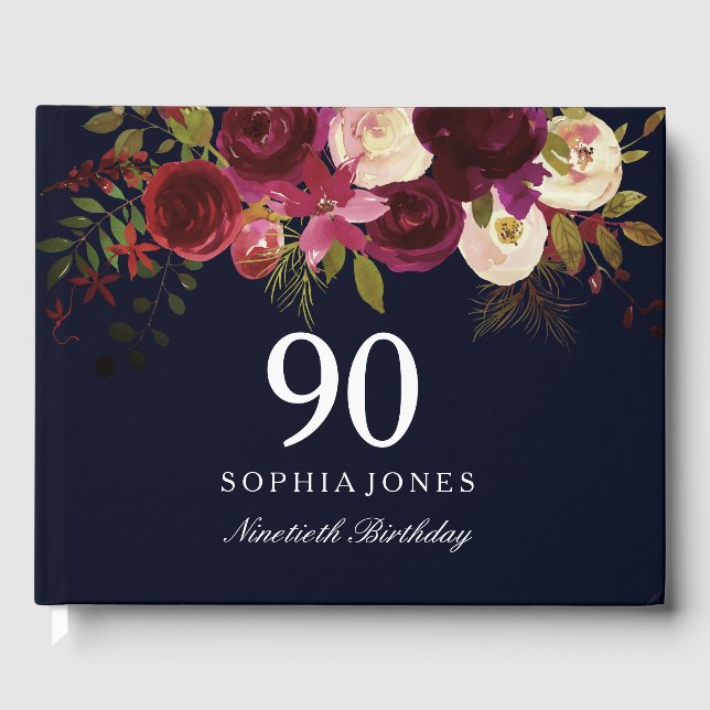 Burgundy Red Floral Navy 90e Anniversaire Livre d' (Recto)