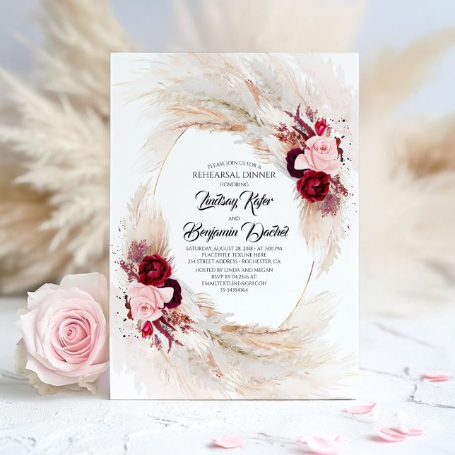 Burgundy Red Floral Pampas Grass Probe Dinner Einladung (Rehearsal Dinner Invitation)