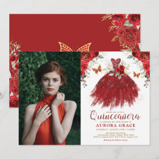 Burgundy Red Floral Quinceñera Princess Foto Einladung