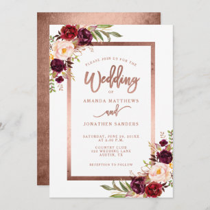 Burgundy Red Floral Rose Gold Script Wedding Einladung