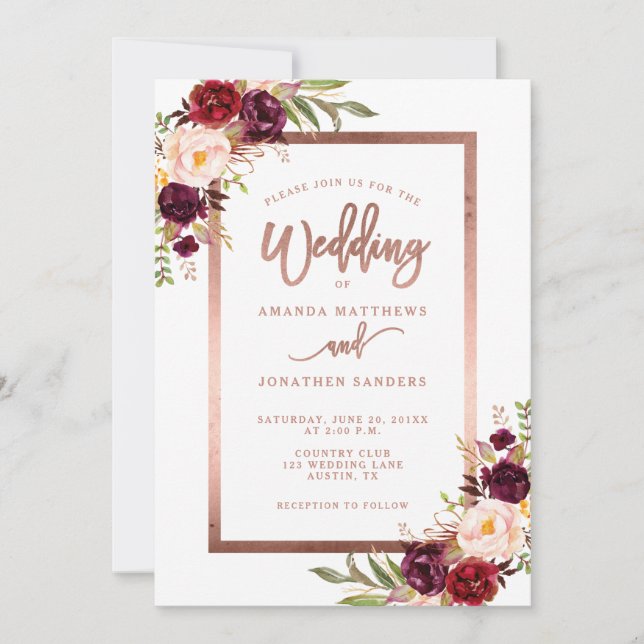 Burgundy Red Floral Rose Gold UAWG Wedding Einladung (Vorderseite)