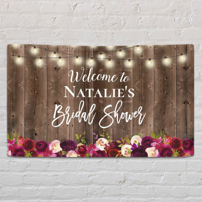 Burgundy Red Floral Rustic Barn Wood Brautparty Banner (Von Creator hochgeladen)