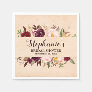 Burgundy Red Floral Rustic Boho Brautparty Serviette