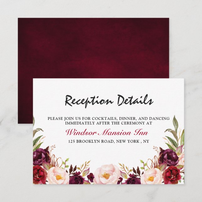 Burgundy Red Floral Rustic Boho Empfang Einladung (Vorne/Hinten)