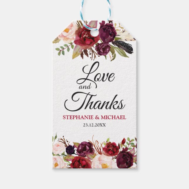 Burgundy Red Floral Rustic Boho Geschenktag Geschenkanhänger (Vorderseite)