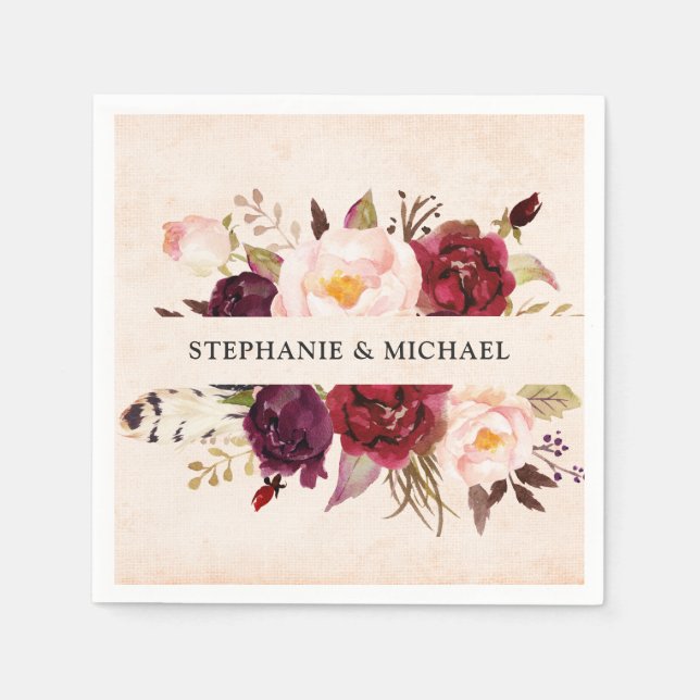 Burgundy Red Floral Rustic Boho Paper Napkin Serviette (Vorderseite)