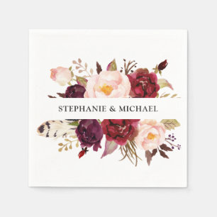 Burgundy Red Floral Rustic Boho Paper Napkin Serviette
