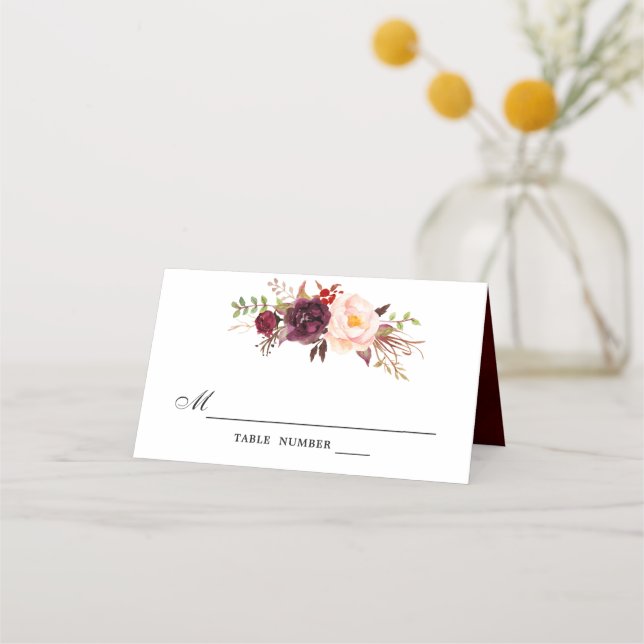 Burgundy Red Floral Rustic Boho Platzkarte (Vorderseite)