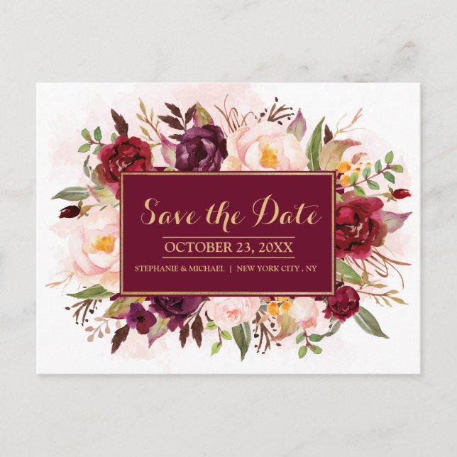 Burgundy Red Floral Rustic Boho Save the Date Ankündigungspostkarte (Vorderseite)