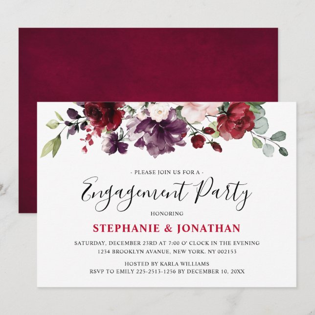 Burgundy Red Floral Rustic Boho Verlobung Einladung (Vorne/Hinten)