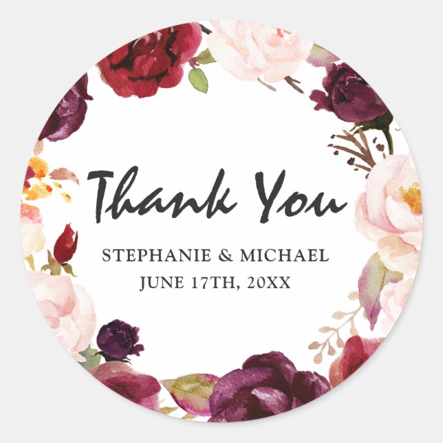 Burgundy Red Floral Rustic Boho Vielen Dank Runder Aufkleber (Vorderseite)