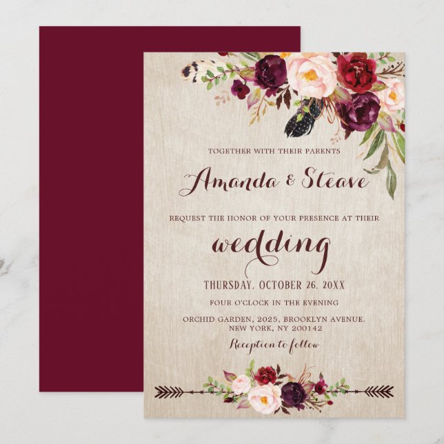 Burgundy Red Floral Rustic Boho Wedding Einladung (Vorne/Hinten)