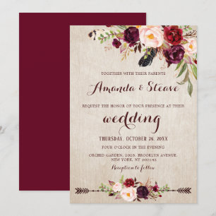 Burgundy Red Floral Rustic Boho Wedding Einladung