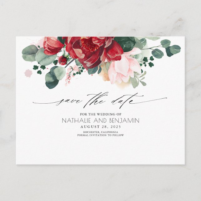 Burgundy Red Floral Save the Date Bohemisch Postkarte (Vorderseite)