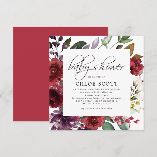 Burgundy Red Floral Square Babydusche Einladung (Vorne/Hinten)