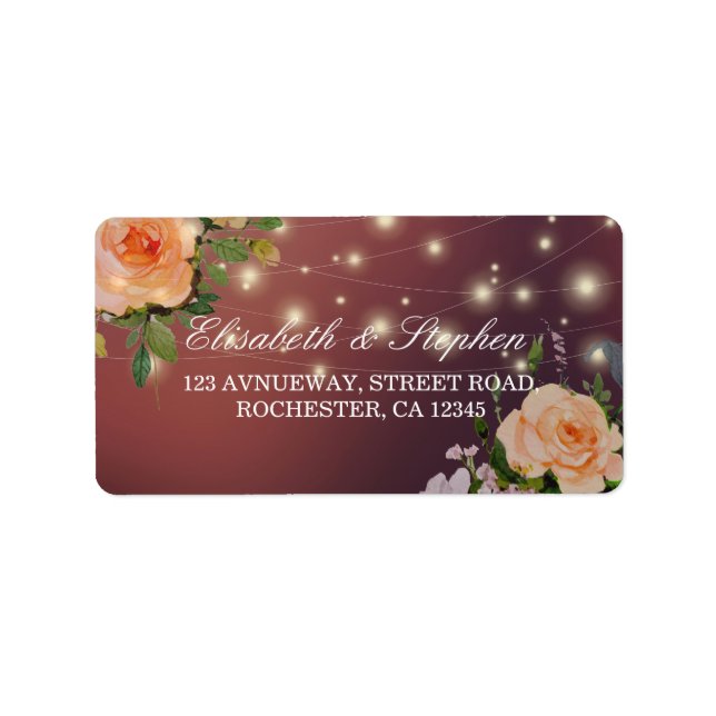 Burgundy Red Floral String Lights Hochzeitadresse Adressaufkleber (Vorne)
