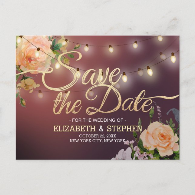 Burgundy Red Floral String Lights Save the Date Ankündigungspostkarte (Vorderseite)